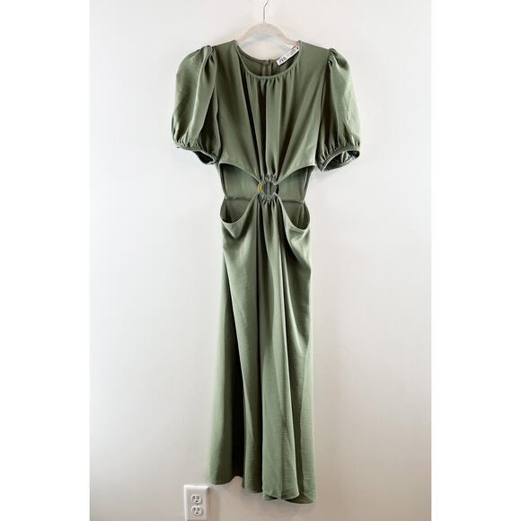 Zara Short Puff Sleeve Round Neck Cut Out A-Line Midi Dress Green Small - Picture 3 of 10